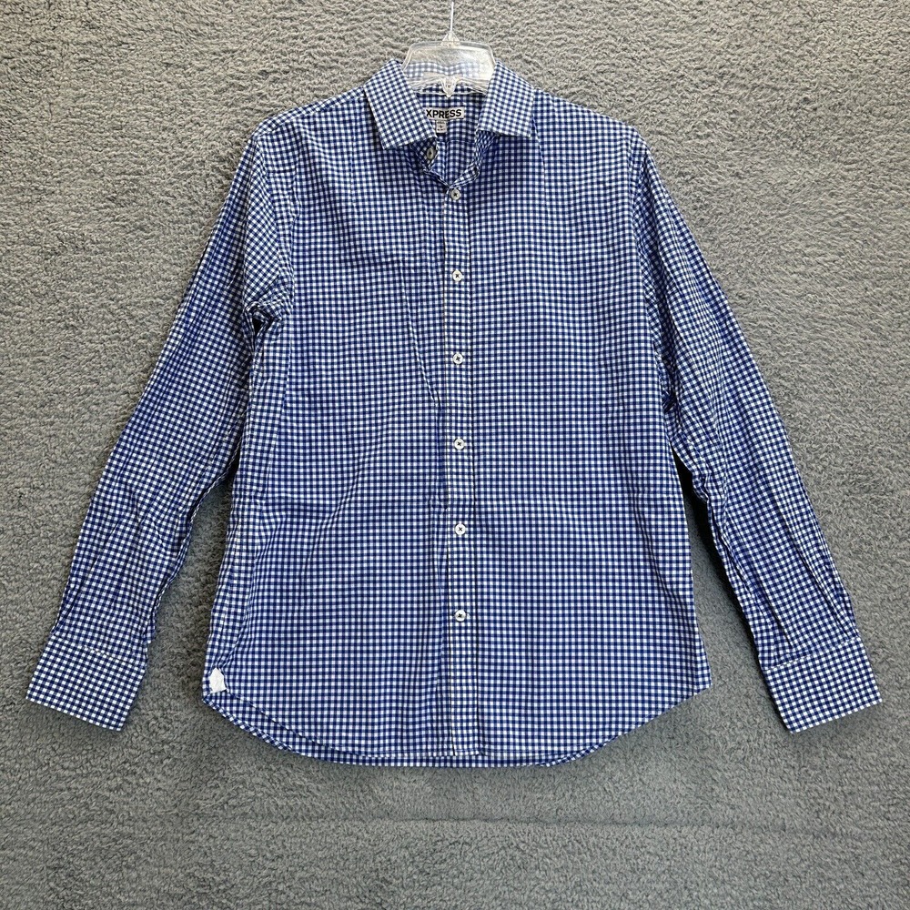 Express‎ Shirt Mens Large Blue White Check Long Sleeve Fitted Button Up Collar